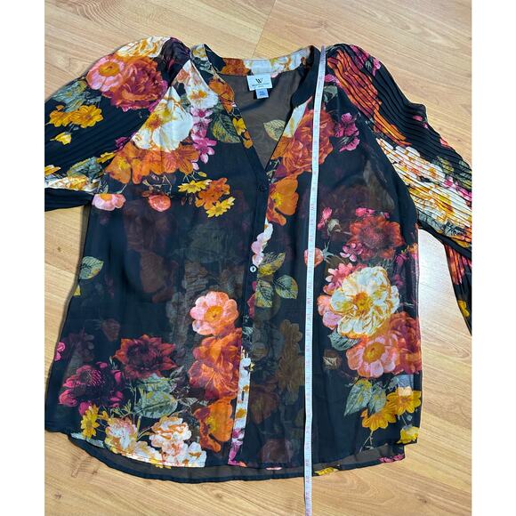Worthington Black floral sheer long bishop sleeve button up blouse Whimsigoth XL - Picture 8 of 9